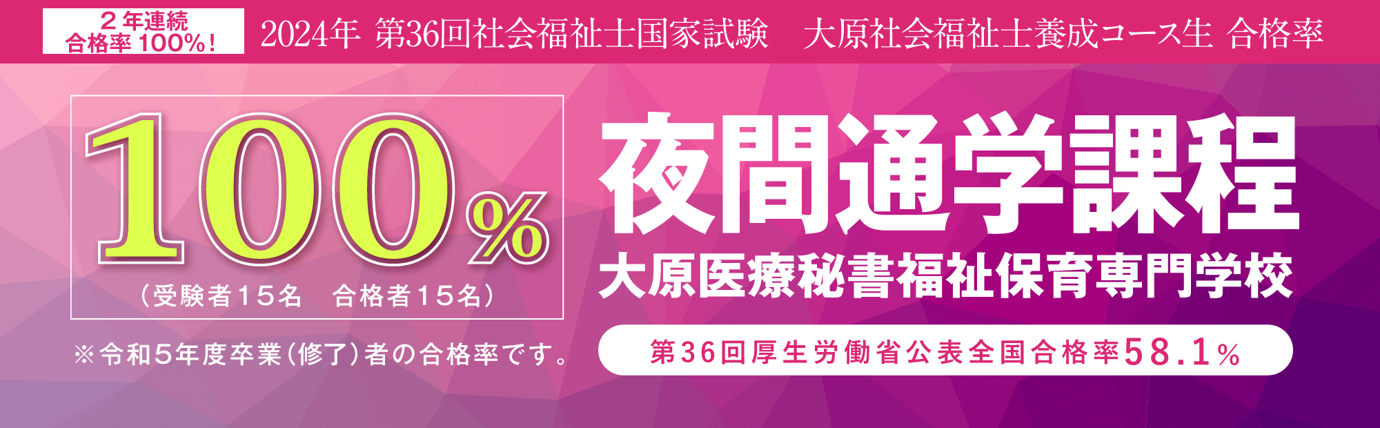 2年連続合格率100％達成！大原社会福祉士養成コース夜間通学課程
