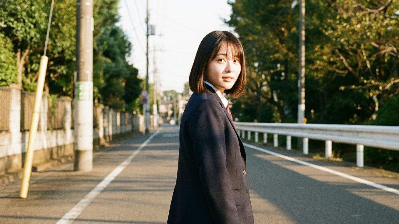 通学路に立つ制服姿の高校生