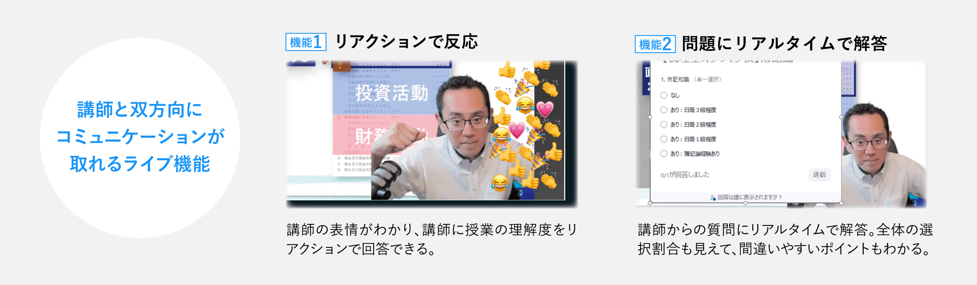 講師と双方向にコミュニケーションが取れるライブ機能