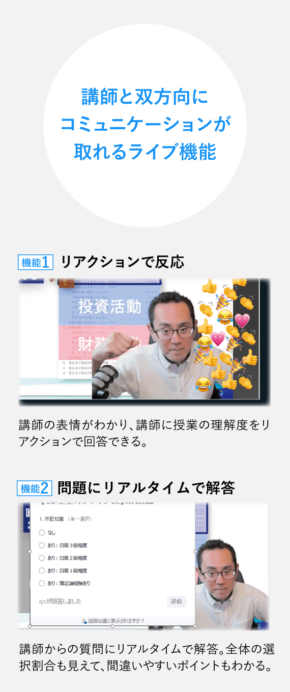 講師と双方向にコミュニケーションが取れるライブ機能