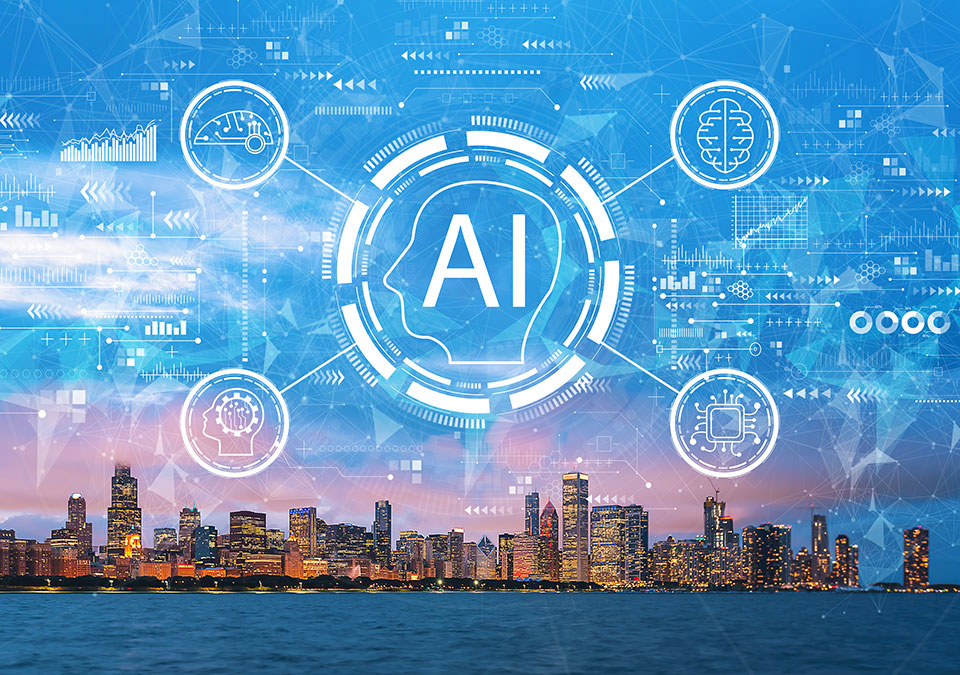 マジックアワー時のビル群をバックに、AIの文字が浮かんでいる画像です。