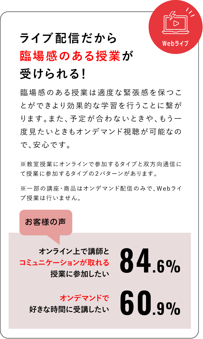 ライブ配信だから臨場感のある授業が受けられる！